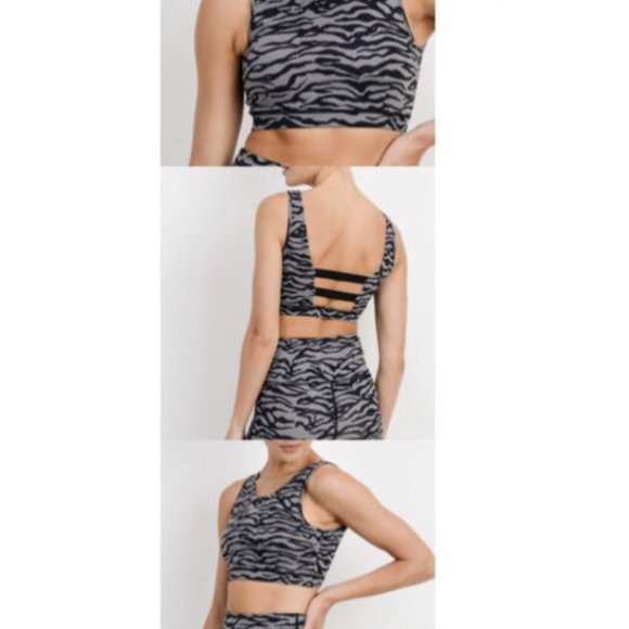 Mono B Sports Bra Double Strap Back Animal Print Gray & Black LARGE - Picture 2 of 12